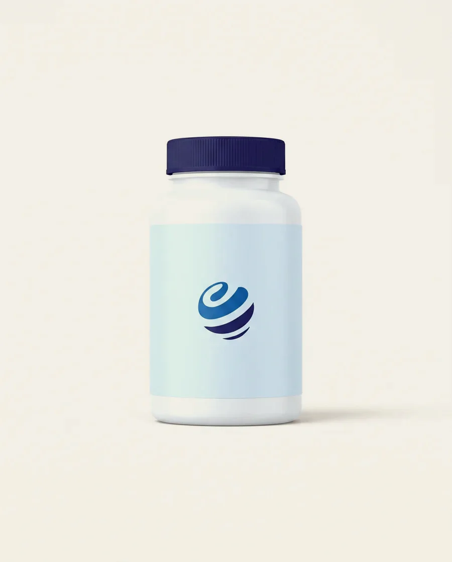 Bote blanco de suplementos con tapa marino y etiqueta con el emblema de Mondial Pack