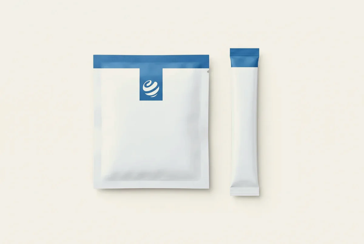 Sachet y stick pack blancos con banda azul y emblema de Mondial Pack